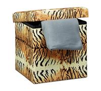 Relaxdays Tabouret pliant coffre de rangement pliable banc de stockage avec couvercle amovible 38 x 38 x 38 cm pouf en similicuir repose-pieds table appoint motifs tendances tigre jaune