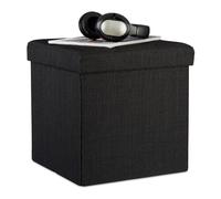 Relaxdays Tabouret Pliant en Lin Pouf de Rangement Pliable Repose-Pieds de Stockage carré 38 x 38 x 38 cm, Noir