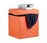Relaxdays Tabouret Pliant Similicuir Pouf de Rangement Pliable Repose-Pieds Stockage carré 38 x 38 x 38 cm, Orange