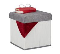 Relaxdays Tabouret Rangement, rembourré, Pliable, Bambou, Tissu, HxLxP : 36 x 35 x 35 cm, Repose-Pieds, Blanc-Gris