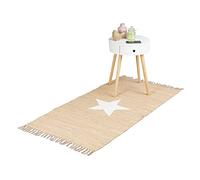 Relaxdays Tapis à franges 70 x 140 cm, avec motif étoile, tissé à la main, 100% coton, beau design, pratique, beige