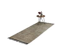 Relaxdays Tapis tissé, 80 x 200, Coton et Cuir, Descente de lit à Franges, antidérapant, Gris