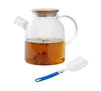 Relaxdays Théière en Verre 1,8 l avec Couvercle Bambou, passoire, Transparente 18,5x19x12 cm