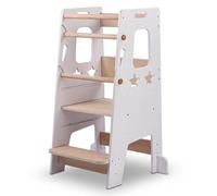 Relaxdays Tour d'apprentissage Étoiles, 90x44x44 cm, réglable, anti-basculement, blanc/naturel, pour tout-petits