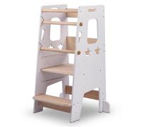 Relaxdays Tour d'apprentissage « Étoiles », hauteur réglable, protection anti-basculement, L x P x H : 90 x 44 x 44 cm, support pour tout-petits, blanc/naturel
