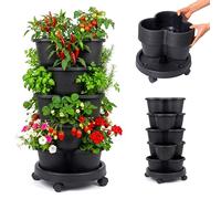 Relaxdays Tour de Plantation Vertical empilable sur roulettes H 66 x D 33 cm Tour Fraise à 5 étages PP Noir