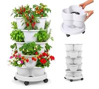 Relaxdays tour végétal empilable sur roulettes pour jardin vertical HxP 66x33 cm, tour fraises 5 étages, PP blanc
