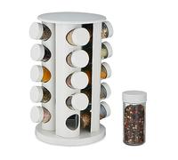 Relaxdays Tourniquet à épices, 20 pots, chacun avec embout tamiseur, rotatif à 360°, effet bois, HD 33,5x19 cm, blanc