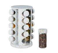 Relaxdays Tourniquet à épices, 20 Pots, chacun avec Embout tamiseur, Rotatif à 360°, Effet marbre, HD 33,5x19 cm, Blanc