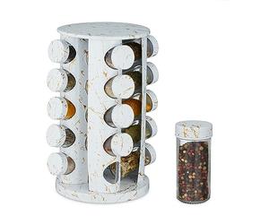 Relaxdays Tourniquet à épices, 20 pots, chacun avec embout tamiseur, rotatif à 360°, effet marbre, HD 33,5x19 cm, blanc
