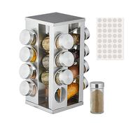 Relaxdays Tourniquet à épices, acier inox, 16 pots en verre, 40 étiquettes, rotatif à 360°, 27,5x19,5x19,5 cm, argenté