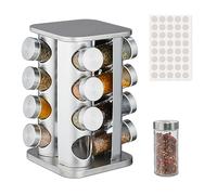 Relaxdays Tourniquet à épices, Acier INOX, 16 Pots en Verre, 40 étiquettes, Rotatif à 360°, HLP : 28x20x20 cm, argenté