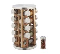 Relaxdays Tourniquet à épices avec 20 pots en verre, rotatif 360°, acier inox, bois, HD 34 x 19,5 cm, argenté et nature