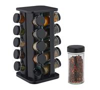 Relaxdays Tourniquet à épices avec 20 Pots en Verre, Rotatif, Embouts tamiseur, remplir, pour la Cuisine, Noir