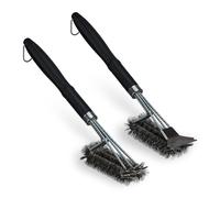 Relaxdays Triple Brosse à Barbecue en Lot de 2, Noire | grattoir pour l’une des deux, poils en acier inoxydable