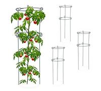 Relaxdays Tuteur à tomates, Lot de 4, Plantes grimpantes, Roses, tomates, Support Autonome, 3 Pieds, Acier, Vert foncé
