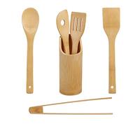 Relaxdays Ustensiles de Cuisine, 6 Accessoires, 2 cuillères, 2 spatules, 1 Pince, 1 Pot, en Bambou, Natures