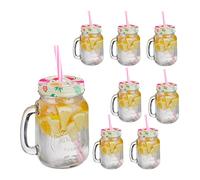 Relaxdays Verre à Cocktails avec Couvercle et Paille Incluse, Lot de 8, 500 ML, Style rétro, Estival, Anse, Multicolore