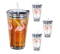 Relaxdays Verre avec paille flamant rose lot de 4