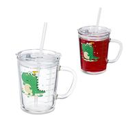 Relaxdays Verre pour Enfant en Lot de 2, Motif de Dinosaure, avec Anse, Couvercle et Paille, 400 ML gradué, Transparent