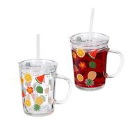 Relaxdays Verre pour enfant en lot de 2, motif de fruits, avec anse, couvercle et paille, 400 ml gradué, transparent