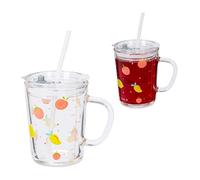 Relaxdays Verre pour Enfant en Lot de 2, Motif de Fruits, avec Anse, Couvercle et Paille, 400 ML gradué, Transparent