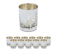 Relaxdays Verres à Bougies Chauffe-Plat en Lot de 12, avec Motif Sapin, photophore noël, HxD: 8,5x7 cm, Blanc-Or