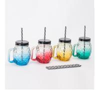 Relaxdays Verres avec couvercle et pailles, lot de 4, 500 ml, motif ananas, couvercle à vis, anse, multicolores