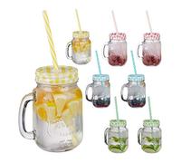 Relaxdays Verres avec Paille, Couvercle et Anse, Lot de 64, HLP 13x10,5x15 cm, 400 ML, Limonade, Boissons glacées, Multicolore