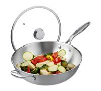 Relaxdays Wok Ø 32 cm – inox non revêtu, couvercle en verre, gaz/électrique/induction, argent
