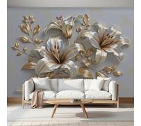 Relief En Métal Motif Lys Photo Papier Peint 400X280Cm Art Végétal De Style Industriel Or Gris Papier Peint Panoramique Poster Geant Mural Fresque Murale Intissé Salon Chambre D'Enfant Fond Tv Décor