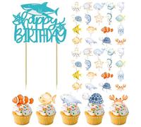 RELKLYU 36 Inserts De Carte Marine Animal Et 1 Insert De Carte d'anniversaire, Décorations De Gâteaux pour Enfants, Inserts De Carte Créatifs Et Amusants.