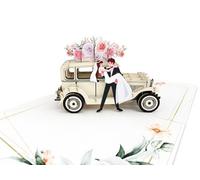 REMOtech Carte de mariage pop-up 3D pour mariée et marié avec voiture vintage, accents floraux