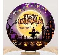 Renaiss Toile de fond ronde Happy Halloween 2,1 x 2,1 m - Motif cercle pleine lune - Château hanté - Citrouille - Lanterne - Épouvantail - Pour Halloween - Décoration de fête - Accessoires pour