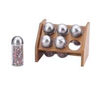 RENBERG Wood Lot de 6 Pots à épices en Verre et Acier Inoxydable avec présentoir en Bambou 18 x 13,5 x 14,5 cm