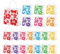 Renbuzhu Lot de 25 sacs cadeaux hawaïens transparents avec poignées en vrac Aloha Luau Hibiscus en PVC transparent pour fêtes tropicales d'été