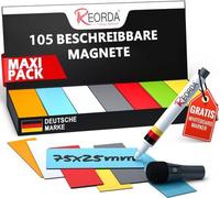 Reorda Bandes magnétiques inscriptibles, 105 pièces, 75 x 25 mm + stylo - Bandes magnétiques inscriptibles pour tableaux blancs, panneaux Kanban et panneaux magnétiques - Bandes magnétiques inscriptib