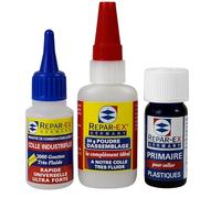 Repar-ex - Lot Colle Extra Forte 20g + Poudre d’Assemblage 30g + Primaire Plastique 15ml - Colle Industrielle Polyvalente - Ultra Résistante - Plastiques Difficiles, Métaux, Bois, Verre