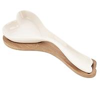 Repose-cuillère en céramique blanche avec soucoupe en bois en forme de cœur