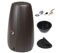 Réservoir d'eau de pluie 200L, eau de pluie, tonneau d'eau brun pour l'extérieur, plastique robuste, rond et haut, trous d'écoulement, couvercle, insert pour pot, système de drainage, avec robinet à b