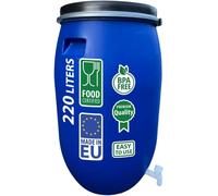 Réservoir Regentonne 220 litres, baril en plastique, récipient en plastique pour le stockage de l'eau de pluie, avec couvercle, bague métallique et robinet, adapté au contact alimentaire, cuve de récu