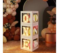 Resholder Une boîte à ballons avec lettres O, N, E lumineuses - Trois boîtes carrées blanches transparentes pour décoration de fête d'anniversaire - Toile de fond d'un an - Accessoire de séance photo