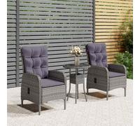 Résine tressée imperméable pour patio jardin table et chaises Gris 60 cm | Ensemble Bistro Jardin 3 Pieces Resine Tressee Gris Table Verre Chaises Pliables Inclinables avec Coussins pour Patio