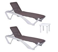 Resol Set 2 chaises Longues Acqua et 1 Table auxiliaire Andorra | Chaises Longues empilables avec roulettes, Dossier réglable | Meubles de Jardin Extérieur | Blanc et Textilene Sable