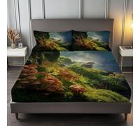 Respirant Drap-Housse 160 x 200 cm Champignons De La Forêt Magique Fantastique avec élastique Drap-Housse Microfibre Doux, Antidérapants Résistant aux Rides Parure de lit, Vert
