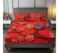 Respirant Drap-Housse 160 x 200 cm Thème du Nouvel Chinois Fleurs Prunier Et Oiseaux avec élastique Drap-Housse Microfibre Doux, Antidérapants Résistant aux Rides Parure de lit, Rouge