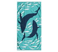 RESTILO Grande Serviette de Plage en 100% Coton, 90 x 180 cm, Double Face, Couverture de Plage Absorbante, Drap de Bain, Bleu, Bleu Foncé, Blanc, Dolphin