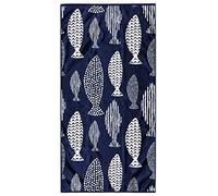 RESTILO Grande Serviette de Plage en 100% Coton, 90 x 180 cm, Double Face, Couverture de Plage Absorbante, Drap de Bain, Bleu Foncé, Bleu Marine, Blanc, Fish