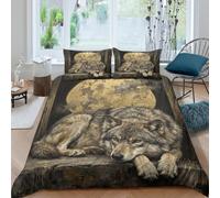 Resting Wolf Full Moon Housse de Couette 3 Pieces 3D, Nature Animal Motif