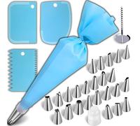 Retoo Lot de 33 Poches à Douille réutilisables avec 24 Douilles en Acier Inoxydable et 3 spatules à crème en Silicone pour décoration de gâteaux, Cupcakes, gâteaux, ustensiles de pâtisserie, Bleu